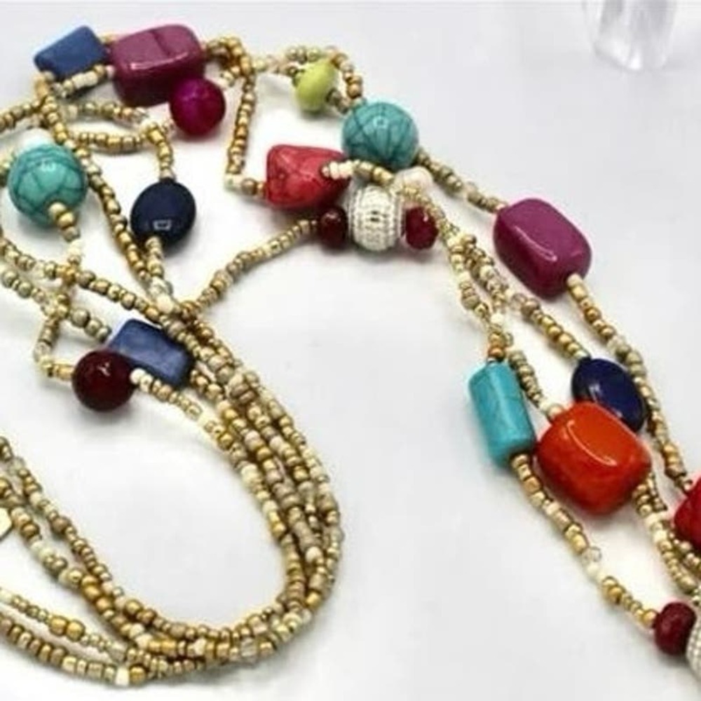 CHICO'S Multi Color and Shapes‎ Beaded Double Strand Matte Gold Tone Necklace